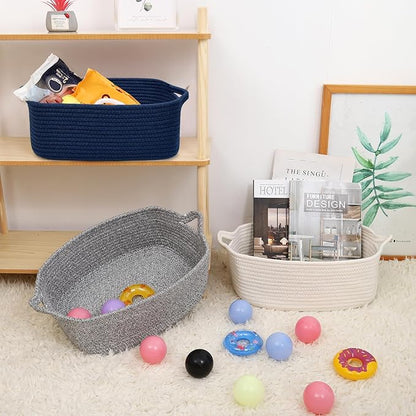 ABenkle Small Storage Basket with Handles, Cotton Rope Woven Dog Cat Toy Bin, Decorative Shelves Closet Organizing for Nursery Laundry Bedroom Bathroom, 14.2''x 11''x 5.1''