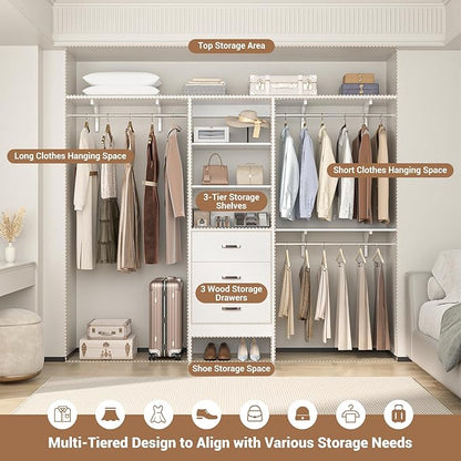 Closet System with 3 Drawers - 8FT Wood Closet Organizer with 3 Shelving Tower & Hanging Rods, 96" Walk-in Wardrobe Closet Organizer System for 4-8FT Spaces, Heavy Duty Garment Clothes Rack, White