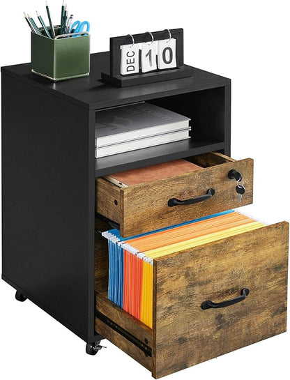 Yaheetech File Cabinet, Under Desk Vertical Cabinet With 2 Drawers and Open Compartment, Printer Stand with Lockable Wheels for A4 Letter Size Hangable File Folders for Home Office(Black/Rustic Brown)