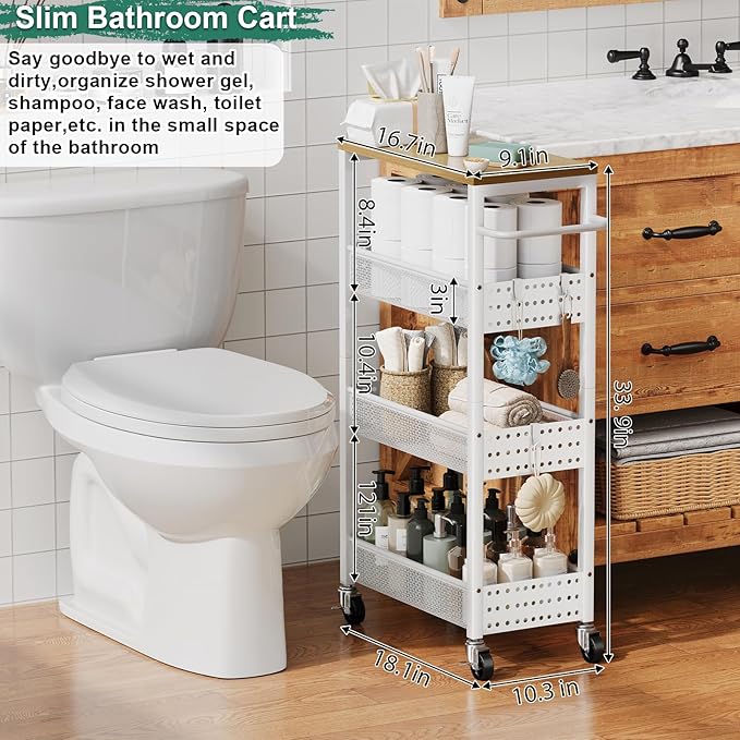 Utility Slim Storage Cart, 4-Tier Narrow Bathroom Organizers and Storage Cart, Narrow Metal Kitchen Laundry Room Organization Shelf with Wood Top, Slim Rolling Carts with Wheels for Small Space