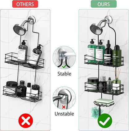 Bathroom Shower Caddy Hanging - 3-Tier Organizer with Soap Holder & 6 Hooks for Towels, Sponge; Fits 21mm Shower Head Arm, Black