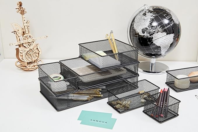 Annova Mesh Stackable Drawer Cabinet and Shelf Organizer Bins Storage Basket School Office Supply Holder Tray- Set of 2 (Black, 6x15x2 Inch)