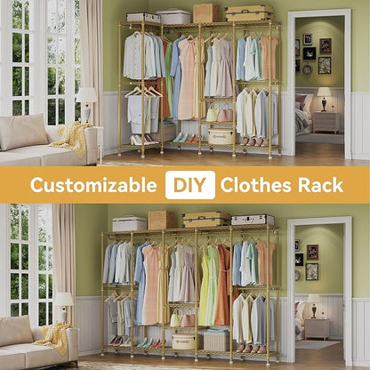 H5 Large Wire Garment Rack, Heavy Duty Clothes Racks, Wardrobe Closet Rack for Hanging Clothes, Freestanding Clothing Racks with Adjustable Shelf, 93.3" Wx15.7 Dx75.4 H, Gold, Load 1400 lbs