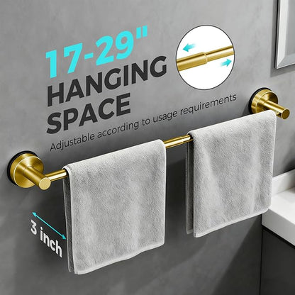 Adjustable Suction Cup Towel Bar for Bathroom Wall,14.6Inch~24 Inch Towel Racks for Bathroom,Stainless Steel Bath Towel Holder for Shower,2 Pack(Brushed Gold)
