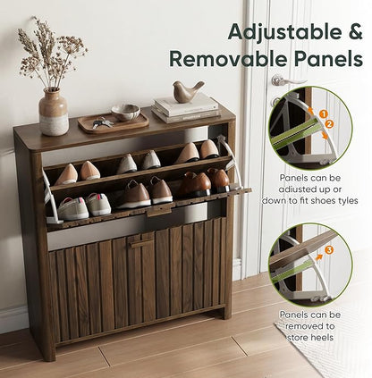 Shoe Cabinet with 2 Flip Drawers, 31.5 Inch Narrow Fluted Shoe Organizer with Gradient Wood Strips Door for Entryway Hallway, Living Room Storage Furniture, Walnut
