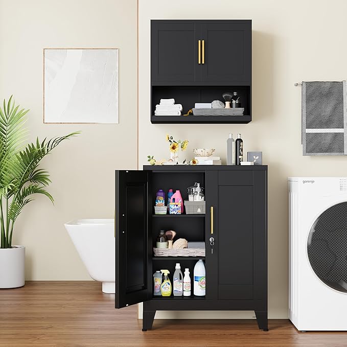 36" Tall Metal Storage Cabinet with Lock, Locking Cabinet with 2 Doors and 2 Adjustable Shelves, Black Bathroom Floor Cabinets, Freestanding Locked File Cabinets for Home/Office/Garage