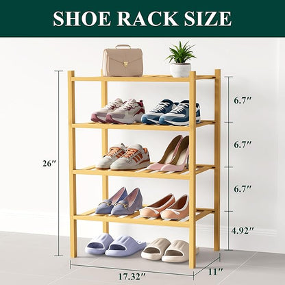 Smiry Bamboo Shoe Rack for Closet, 4 Tier Small Wooden Stackable Shoe Organizer, Free Standing Shoes Storage Shelf for Entryway, Front Door Entrance, Natural