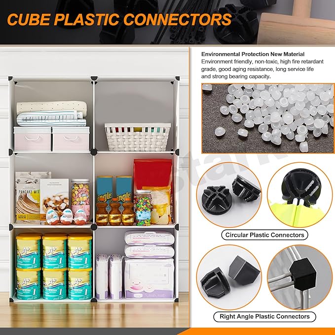 91Pcs Black Wire Grid Cube Connectors with Zip Ties and Wooden Hammer, Cube Storage Connectors Foot Connectors for Cube Storage Modular Closet Storage Organizer and Wire Shelving