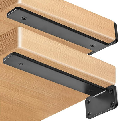 8 Pack - 10 inch Black Hidden L Shelf Bracket (1/5 Inch Thicked) Iron Floating Shelf Brackets Rustic Industrial Metal Brackets for Shelf Support