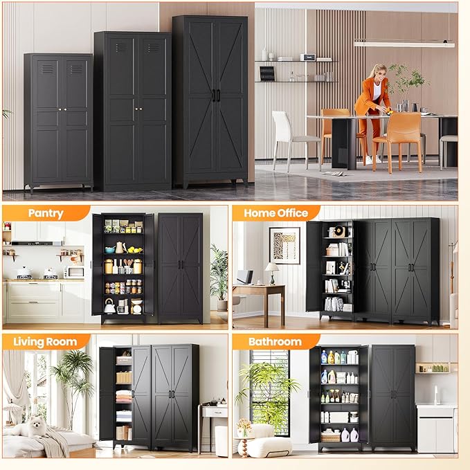 Metal Black Storage Cabinet with 2 Doors and 4 Adjustable Shelves, 75" Tall Kitchen Pantry cabinets, Farmhouse Food Pantry Cabinet,5 Tier Freestanding Barn Door Cupboard for Kitchen Dining/Living Room