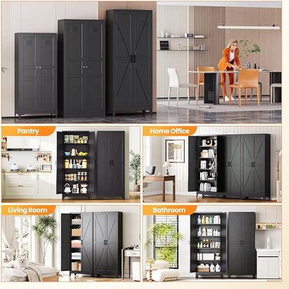 Metal Black Storage Cabinet with 2 Doors and 4 Adjustable Shelves, 75" Tall Kitchen Pantry cabinets, Farmhouse Food Pantry Cabinet,5 Tier Freestanding Barn Door Cupboard for Kitchen Dining/Living Room