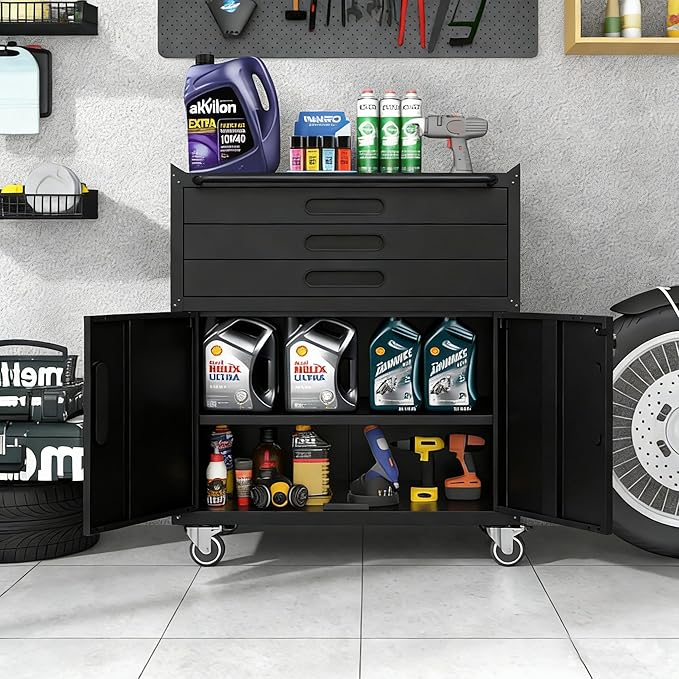 Metal Garage Storage Cabinet on Wheels, Lockable Rolling Tool Cabinet with Doors and 3 Drawers, Heavy Duty Mobile Steel Cabinet for Garage Warehouse Workshop