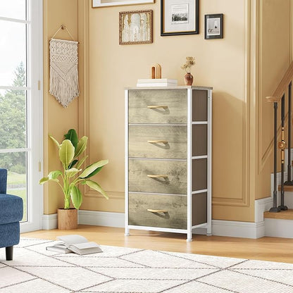 DWVO Dresser with 4 Drawers - Fabric Storage Tower, Organizer Unit for Bedroom, Hallway, Hallway, Closets - Sturdy Steel Frame, Wooden Top & Easy Pull Fabric Bins