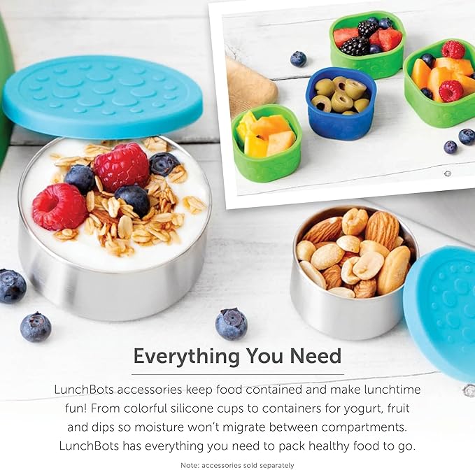 LunchBots Large Cinco Stainless Steel Lunch Container - Five Section Design Holds a Variety of Foods - Metal Bento Box - Dishwasher Safe - Stainless Lid - Blue Dots