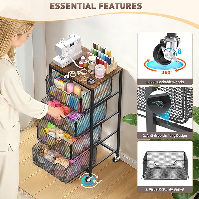 Rolling Cart with Drawers, 4-Tier Utility Cart Storage Organizer with Lockable Wheels, Metal Craft Storage Cart with Wooden Top for Kitchen, Bathroom, School, Studio, Office, Bedroom, Black