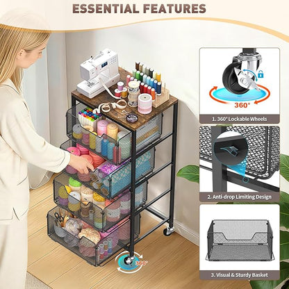 Rolling Cart with Drawers, 4-Tier Utility Cart Storage Organizer with Lockable Wheels, Metal Craft Storage Cart with Wooden Top for Kitchen, Bathroom, School, Studio, Office, Bedroom, Black