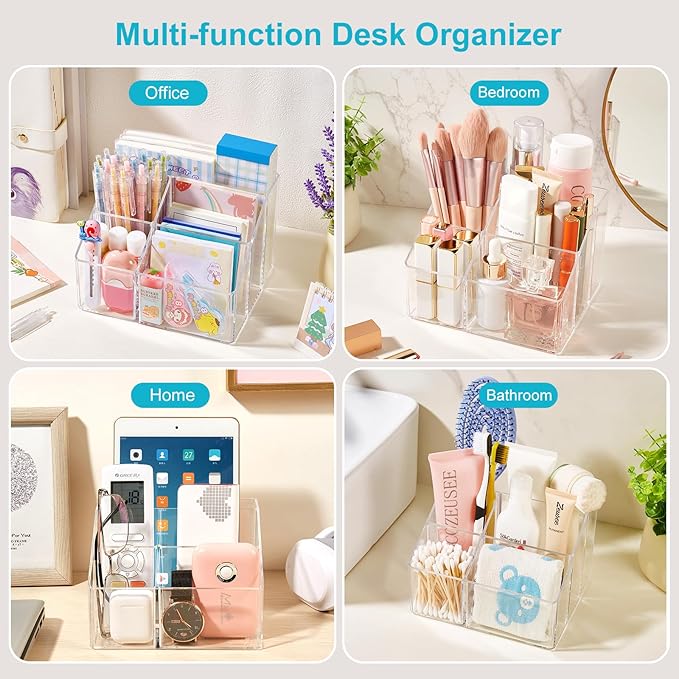Acrylic Pencil Holder, 5-Slot Clear Pen Organizer for Desk, Cute Stationery Cup for Office, School, Home