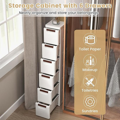 LOKO 6-Drawer Narrow Storage Cabinet, Slim Rolling Cart, Mobile Plastic Cart Container with Pull Handles, Built-in Wheels, for Living Room, Kitchen, Bathroom, Office (7.5"x16.5"x43" (6 Drawer))
