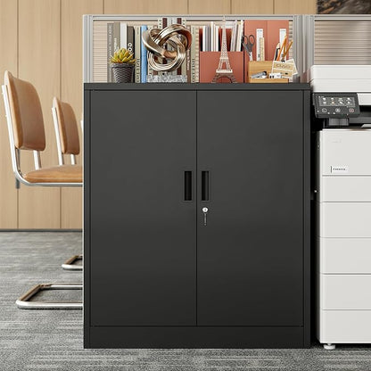 BESFUR Metal Storage Cabinet, Garage Storage Cabinet with 2 Adjustable Shelves, Locking Short Storage Cabinet for Office Garage Home, Black Metal Cabinets (36" H x 31.5" W x 16" D)