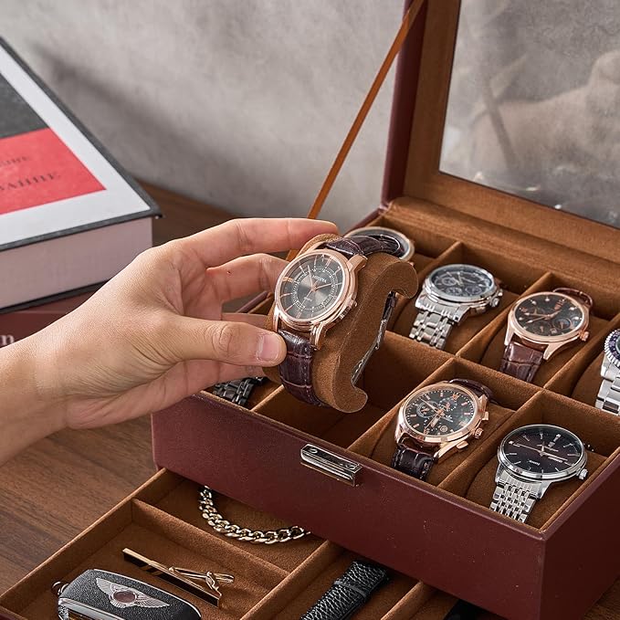 ProCase Watch Box, 8 Slot Watches Display Case with Drawer, Mens Watch Case with Glass Lid, 2-Layer Mens Jewelry Organizer Storage Holder, Birthday Valentine Gifts for Men -8 Slot, Espresso