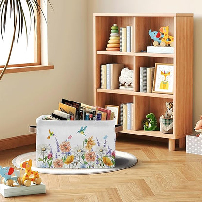 Flower Storage Bin with Handle, Wildflower Foldable Storage Box, Christmas Decorative Watercolor Flora Basket for Home, Bedroom, Closet Organization