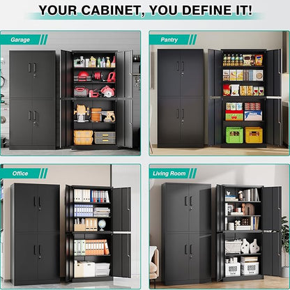 Metal Storage Cabinet with 3 Adjustable Shelves,Garage Storage Cabinet with Lock,Black Metal Cabinet with Locking Doors,Steel Cabinets 4 Doors,71" Lockable Storage Cabinets for Garage,Home,Office