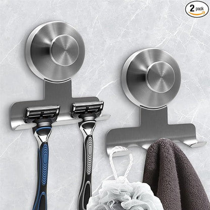 Suction Cup Razor Holder for Shower,Heavy-Duty 7KG Suction Hooks for Razor,Towel,Loofah,Removable Damage-Free Metal Shower Hook,Shaver Holder,2 Pack(Brushed Silver)