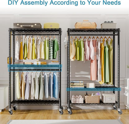 FUTASSI P3 Rolling Clothes Rack, Clothing Racks for Hanging Clothes, Heavy Duty Garment Rack with Wheels, Freestanding Portable Closet Organizer 39.4''W x 14''D x 78.5''H, Max Load 464 LBS, Black