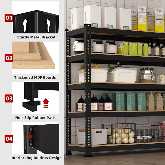 6 Packs 48" W x 24" D x 72" H Adjustable Garage Storage Shelves - 5-Shelf Heavy Duty Shelving Unit, Metal Utility Storage Organizer Racks for Warehouse Pantry Closet Kitchen, Black