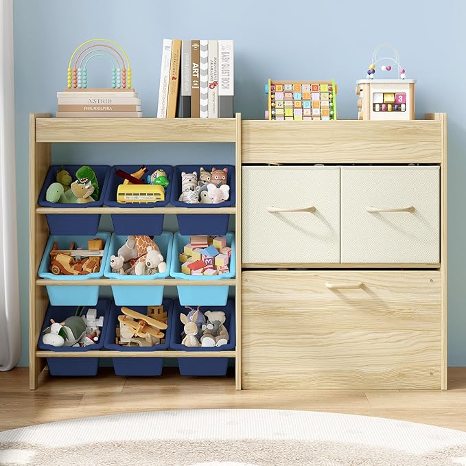 Toy Storage Organizer for Kids, 9-Bin Toy Organizer with 2-Drawers,Movable Toy Chest and Top Rack, Kids Bookshelf and Toy Storage for Playroom, Bedroom, Nursery, Blue