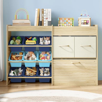 Toy Storage Organizer for Kids, 9-Bin Toy Organizer with 2-Drawers,Movable Toy Chest and Top Rack, Kids Bookshelf and Toy Storage for Playroom, Bedroom, Nursery, Blue
