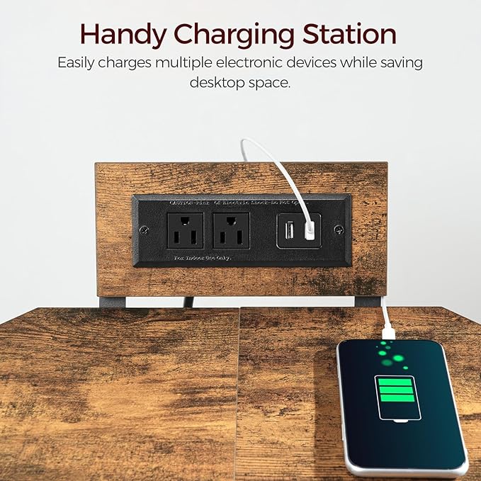 Corner Printer Stand with Charging Station, 3-Tier Large Printer Table with Adjustable Feet, Metal Frame Storage Shelf for Office, Living Room, Small Space, Rustic Brown PTHR14E01
