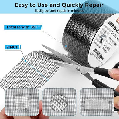 Black Window Screen Repair Tape, 2IN X 35FT (420IN) Screen Repair Kit for Windows or Doors, Strong Adhesive Patch Kit Fiberglass Mesh Tape