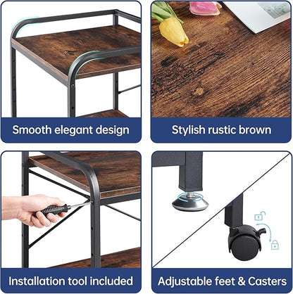 Under Desk Printer Stand, 20 Inches Deep Large Printer Table with Height Adjustable Storage Shelf, 2 Tier Rolling Printer Cart with Wheels for Home Office - Rustic Brown
