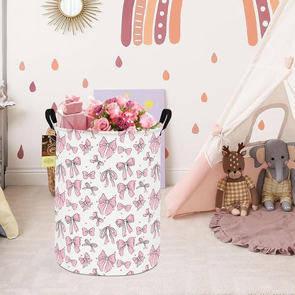 HUNRUNG Laundry Hamper,Large Canvas Fabric Lightweight Storage Basket Toy Organizer Dirty Clothes Collapsible Waterproof for College Dorms（Round-Pink Bow）