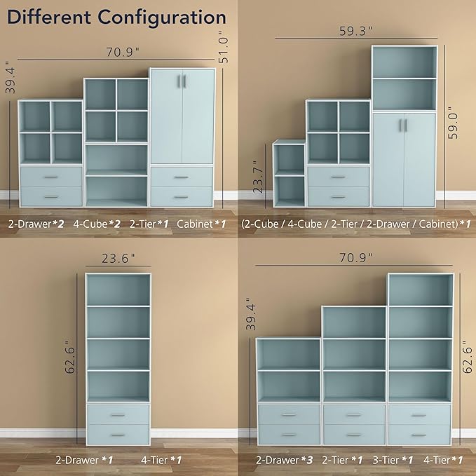 Homes: Inside + Out Apexa 4-Cube Storage Organizer Shelves, Stackable Wood Bookcase Fits Cubby Bins for Organization, Dorm Teen Room Decor & Home Office, Light Blue