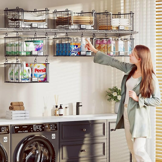5-Tier Hanging Laundry Room Organizer with Label Cards, Foldable Wire Shelf Basket with 4 Rotating Hooks, Stacked Storage Rack for Laundry Rooms, Closet and Pantry, Black Metal