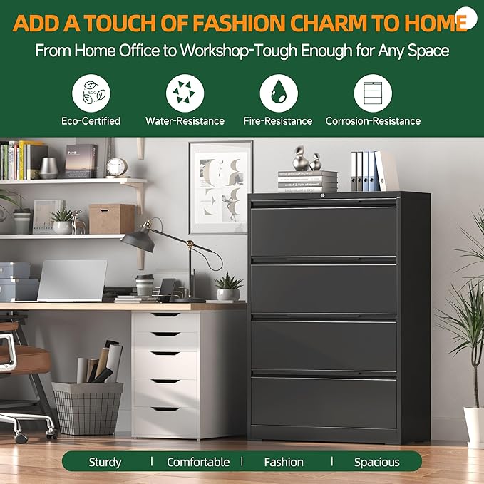 Lateral File Cabinet with Lock, 4 Drawer Lateral File Cabinets, Metal Filing Cabinets for Home Office, Black Deep Drawer for Hanging Files Letter/Legal/A4/F4 Size, Printer Stand, Assembly Required