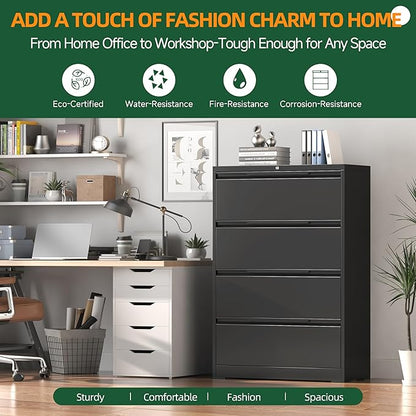 Lateral File Cabinet with Lock, 4 Drawer Lateral File Cabinets, Metal Filing Cabinets for Home Office, Black Deep Drawer for Hanging Files Letter/Legal/A4/F4 Size, Printer Stand, Assembly Required