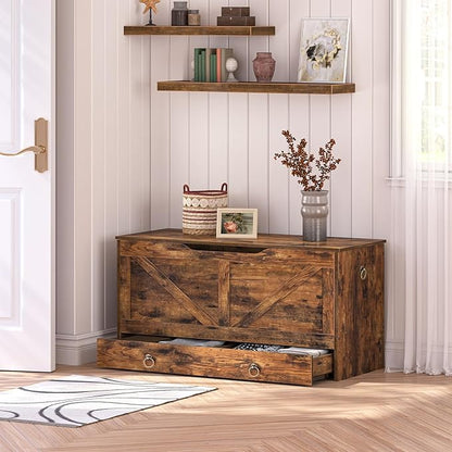HOOBRO Storage Chest, 39.3" Toy Chest with Drawer, Wooden Storage Bench, Sturdy Entryway Bench Supports 220 lb, Shoe Bench, Safety Hinge, U-Shaped Opening, Easy Assembly, Rustic Brown FG710CW01G1