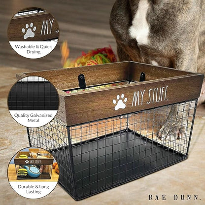 Rae Dunn Pet Toy Basket - Metal and Wood Dog Storage Cat Bin Organizer for Puppy Leash, Blanket, Treats, Food, Accessories Container Baskets Dogs,9.75" x 8" 6"