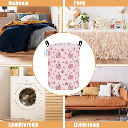 LANGYASHAN Laundry Basket Canvas Fabric Collapsible Organizer Basket for Storage Bin Toy Bins Gift Baskets Bedroom Clothes Children Nursery Hamper (Pink Castle)