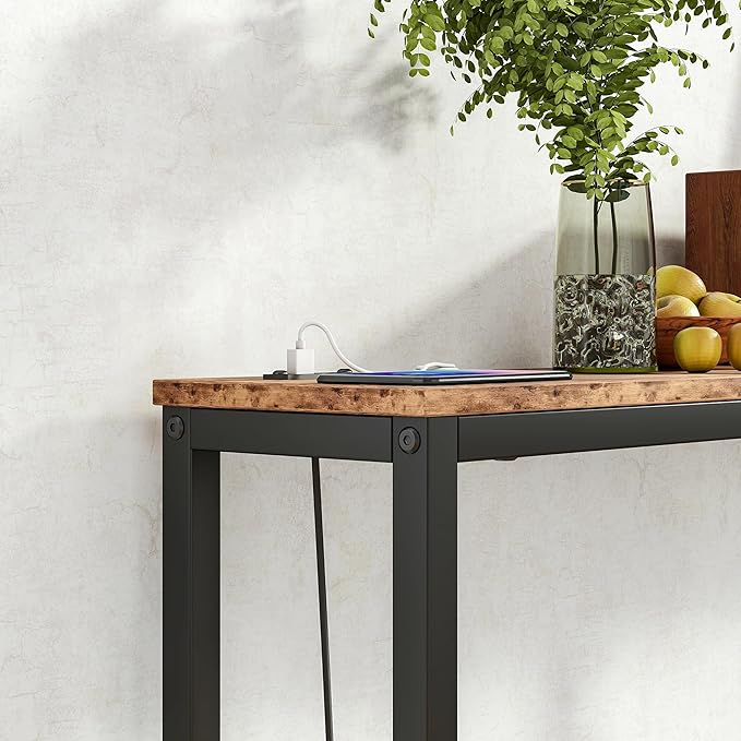 BOFENG 71.5 Inch Thin Console Table with Power Outlets,Narrow Sofa Table with Charging Station,Long Side Table Behind Sofa Couch Table for Entryway,Hallway,Living Room,Foyer,Rustic Brown