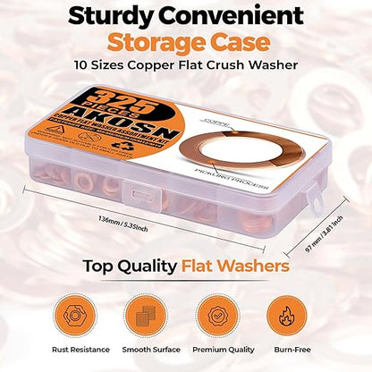325 PCS, 10 Sizes, Premium Copper Metric Sealing Crush Washers Assortment Kit, Upgraded Flat Ring Oil Drain Plug Crush Washer Gasket Seal Assortment Set, Banjo Bolt Washer for Automotive, Motorcycles