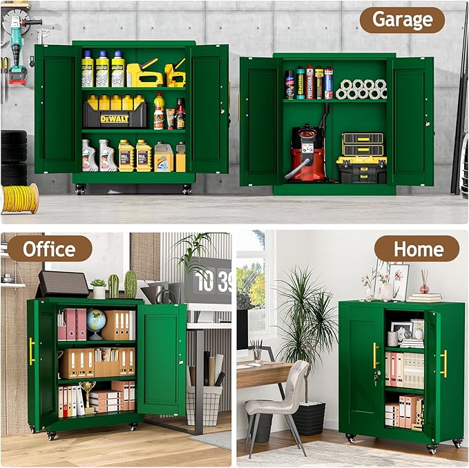 35" Metal Storage Cabinet with Lock and Wheels, Lockable Office File Cabinet with 2 Doors and 2 Adjustable Shelves, Rolling Steel Tool Garage Cabinets for Home Office (Green)