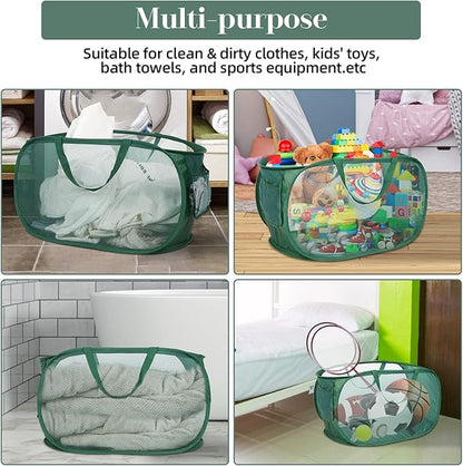 4 Pack Collapsible Laundry Baskets, Foldable Laundry Basket with Pocket, Durable Pop Up Hampers, Reinforced Handles Dirty Clothes Hamper for Laundry, Bedroom, Bathroom, Dorm, Travel or Camping Green
