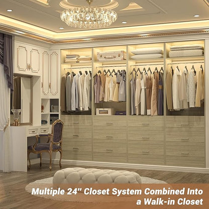 Closet System Set of 4, 8FT Closet Systems with 12 Wood Drawers, 96" Closet Organizer System with 4 Hanging Rods & 4 Shelves,Heavy Duty 96 Inch Walk-in Closet,White Oak (96"L x 15" W x 80" H)