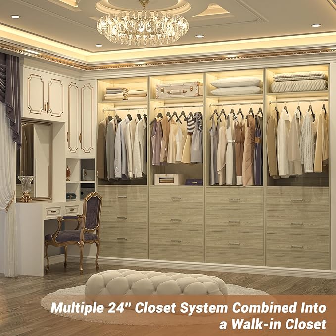 Freestanding 2FT Closet System with 3 Wood Drawers, 24" Closet Organizer System with Hanging Rod & Shelves, Walk-in Closet Systems for Small Closet, White Oak (24"L*15"W*80"H)
