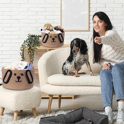 Zopeal Dog Woven Basket, 11.8" D x 6.7" H Cotton Rope Toy Storage Organizer, Dog Mom Gift Empty, Cute Laundry Puppy Gift Animal Basket for Clothes, Towels, Toy, Laundry, Bathroom, Home(Khaki, Black)
