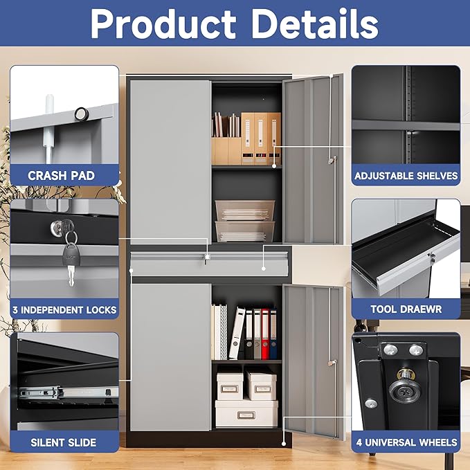 Metal Garage Storage Cabinet, 71" Lockable Storage Cabinet with 2 Adjustable Shelves and 1 Drawer for Garage, Utility Room, Warehouse (Black Grey)